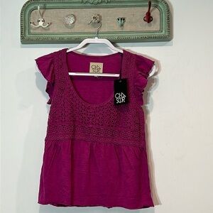 Brand New Chaser women’s small cap ruffle sleeve bohemian baby doll top magenta